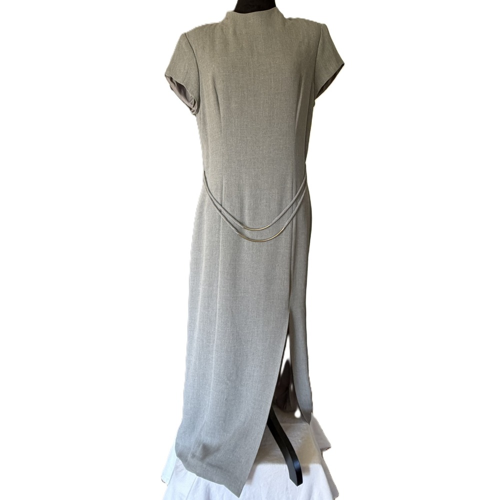 David Warren New York Gray Bodycon Maxi Dress Metal Waist Detail Slit Size 10
